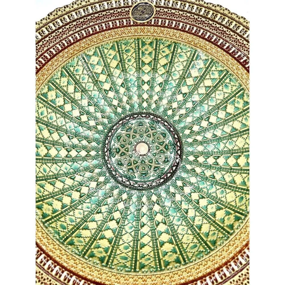 Turkish Glass Round Bowl Dinner Display Gold Lace Print 13.75